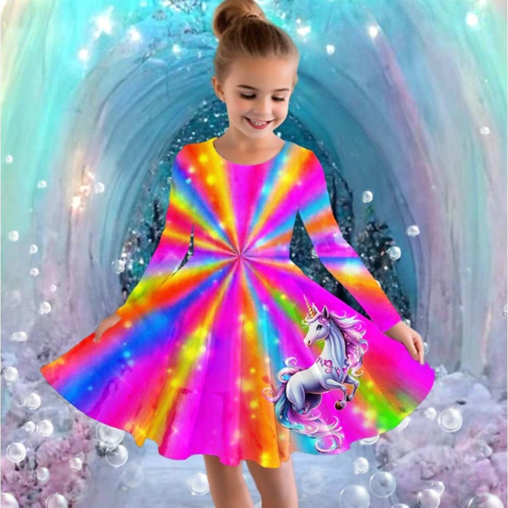 Mädchen Freizeitkleid mit 3D-Einhorn-Print, Rundhalsausschnitt, lange Ärmel, Kinder Prinzessinenkleid