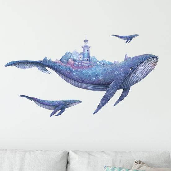 Blue Whale Wall Stickers, Waterproof PVC Wall Decals with Lighthouse And Stars, Peel And Stick Removable Marine Life Decals for Living