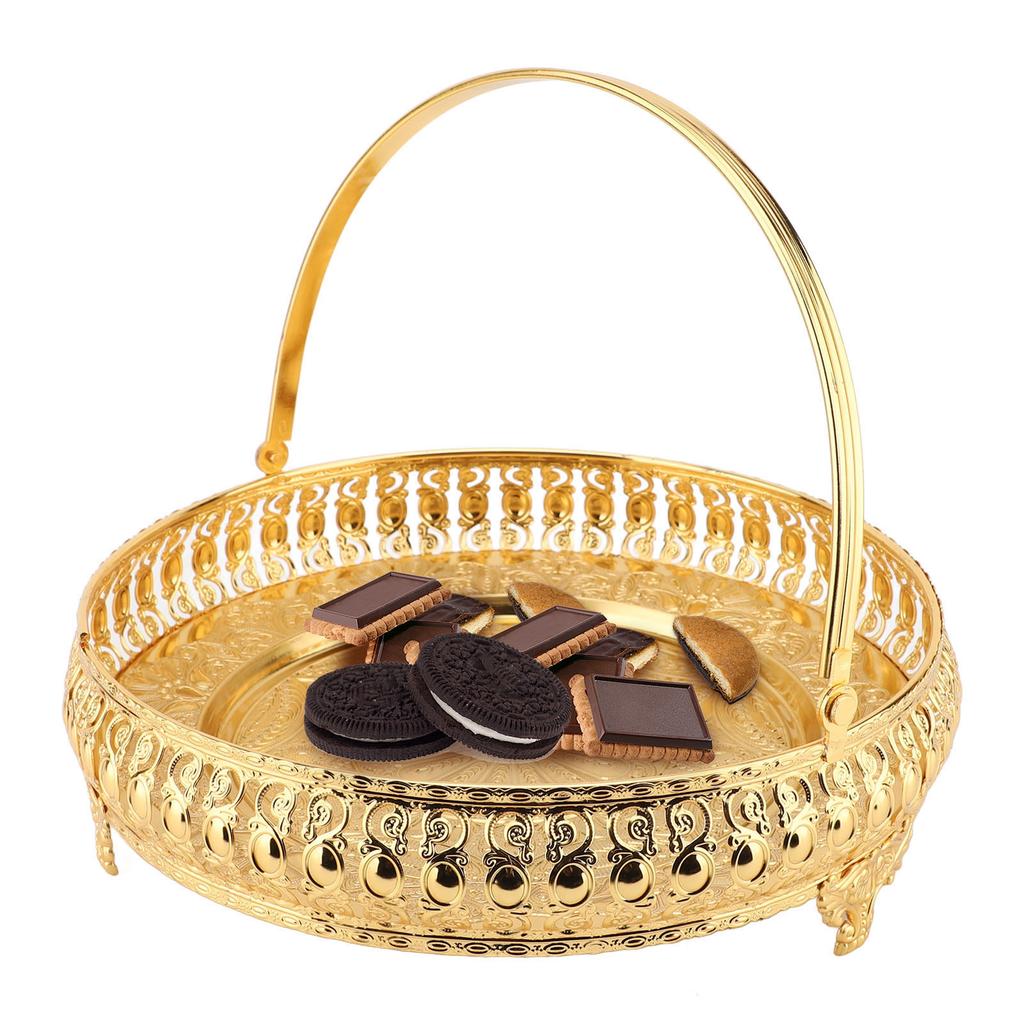 Retro Round Fruit Tray Exquisite Decorative Large Capacity Alloy Dessert Plate with Handle for Party