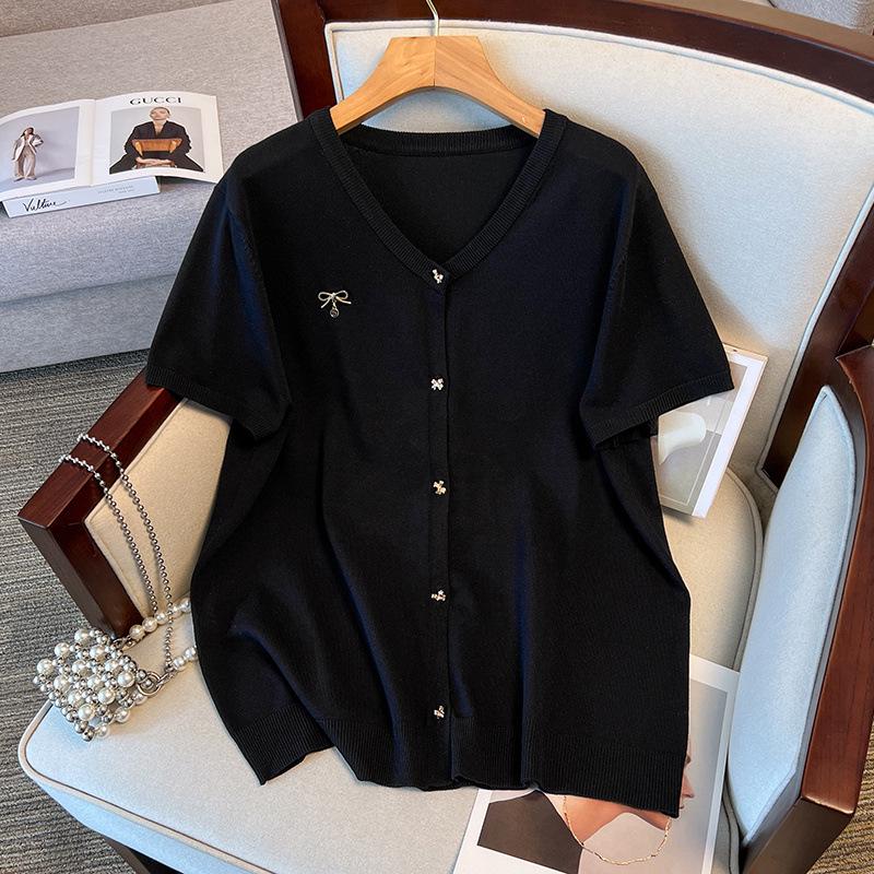 Plus Size Women's Ice Silk Knit Summer Top - Slimming Short Sleeve T-shirt
