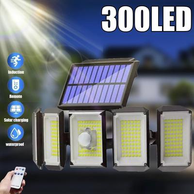 300 LEDs Luzes Solares Alimentadas para Exterior Sensor de Movimento Com Controle Remoto 3 Modos 5 Cabeças Ajustáveis Lâmpada de Parede Solar para Decoração de Jardim