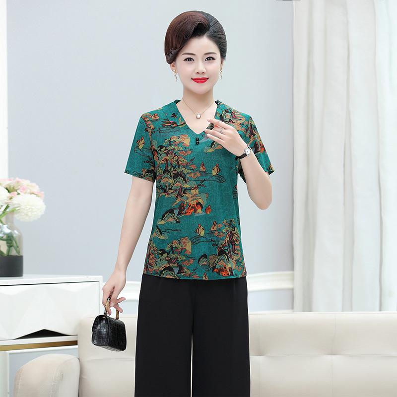 

Floral Print Mulberry Silk Short Sleeve Top for Women 5XL (Recommended 160-175 lbs) зелений