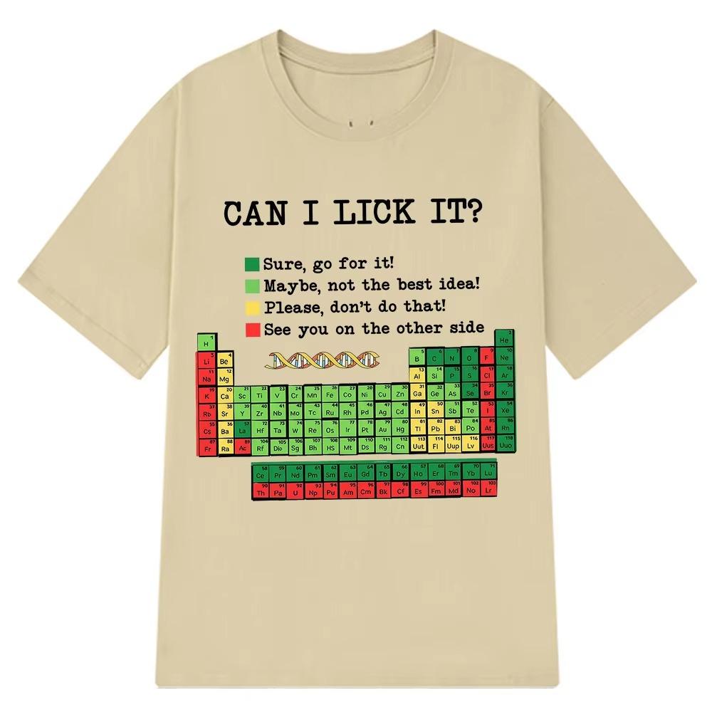 Tabla Periódica Divertida "¿Puedo Lamerlo?" Camiseta de Química Verano Manga Corta Holgada Casual Algodón Camisetas Unisex Moda Camiseta