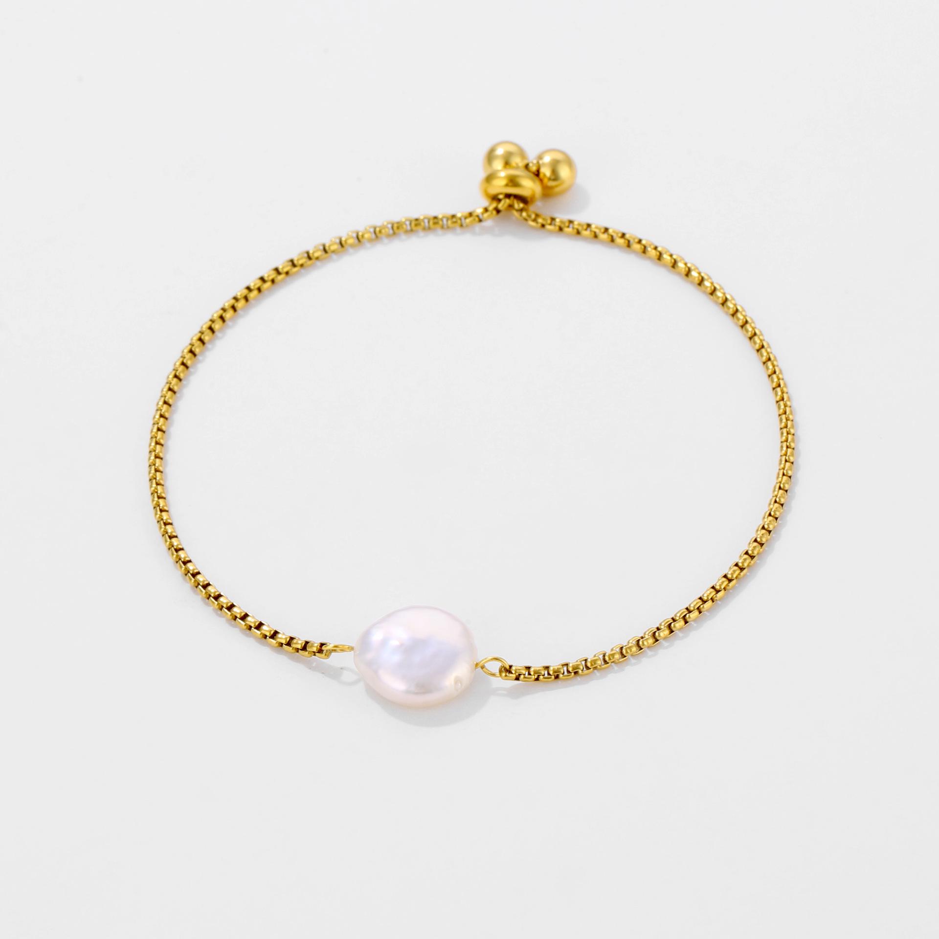 

European & American Freshwater Pearl Drawstring Bracelet in 18K Gold-Plated Stainless Steel