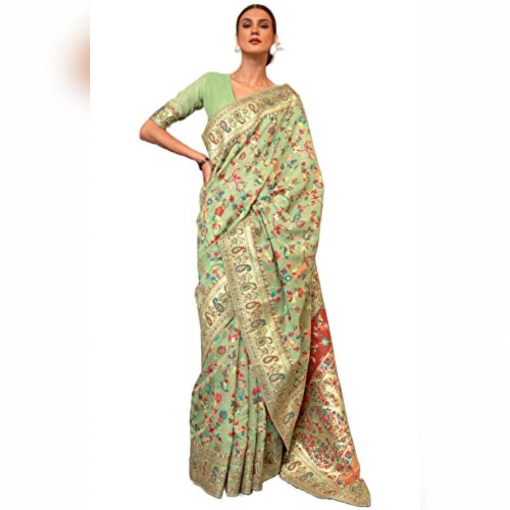 SGF11- Womens Kanjivaram Pure Soft Silk Handloom Saree Pure Golden Zari With Blouse Piece (Light Green)