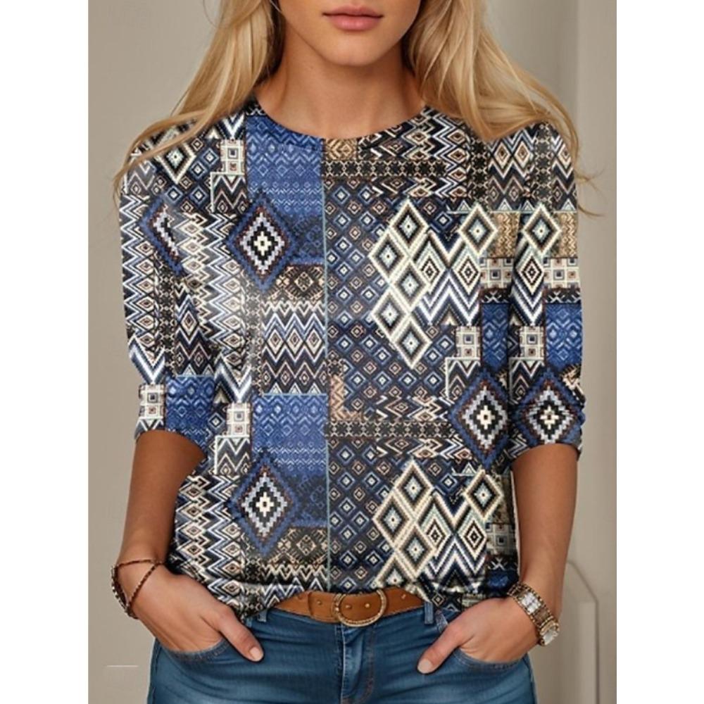 Tops for Women Geometric Pattern Print  Round Neck Long Sleeve T-shirt Fall Casual Slim Pullover Women's Long Sleeve Top
