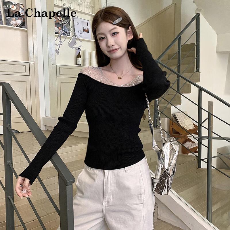 La Chapelle Women's Slim Fit V-Neck Long Sleeve T-Shirt with Mesh & Rhinestone Embellishment