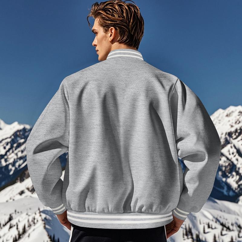 Men Casual Loose Stand Collar Fleece Vintage Baseball Jacket Outerwear