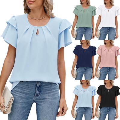 Damen Frühling und Sommer Neu Rundhals, Fliegenärmel Locker, Chiffonblusen Tops Damen