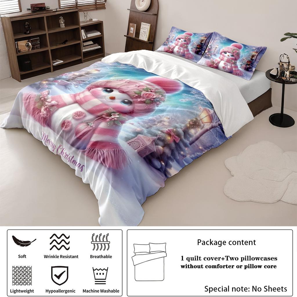 Set de lenjerie de pat roz cu om de zăpadă de Crăciun, fără cearceaf cu colțuri, moale, pentru dormitor, cămin, mai multe dimensiuni, lavabil la mașină