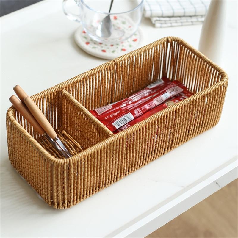 Sturdy Handwoven Storage Box Divided Sections Living Room Desktop Organization