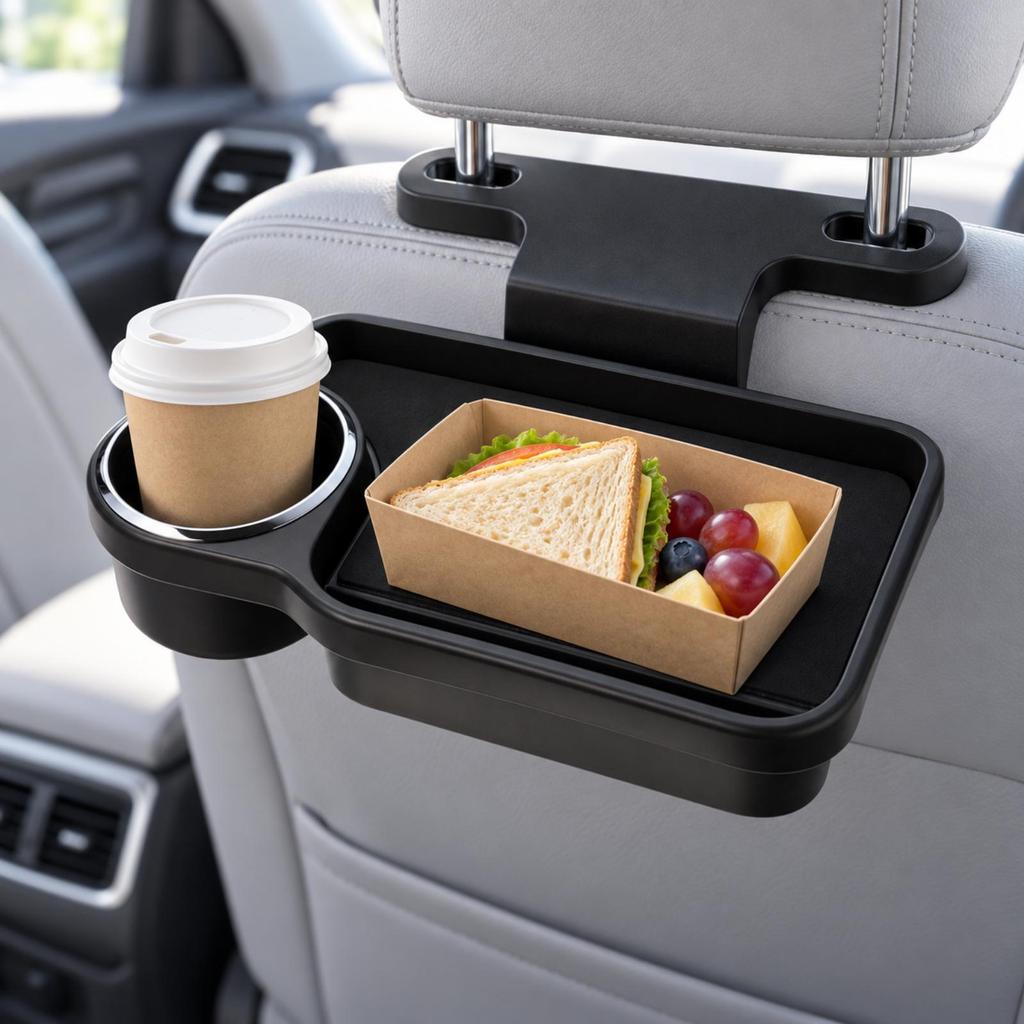 Folding Car BackSeat Tray with Beverage Holder Portable HeadrestMounted Vehicle Table