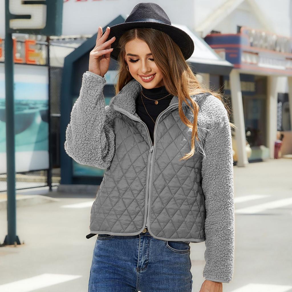 Autumn and Winter Women's Cardigan Jacket with Zipper Long Sleeved Plush Patchwork Jacket for Women