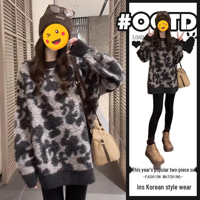 

2025 Autumn/Winter Chic Leopard Print Sweater and High-Waisted Leggings Set XL [Recommended 57-65 kg]