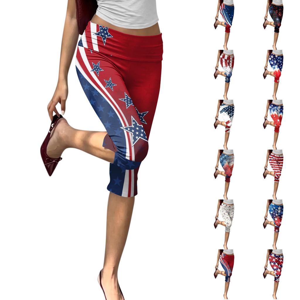 Flag Capri Leggings for Women Stretch Patriotic Star Stripe Patterned Yoga Pants Casual Capri Trousers