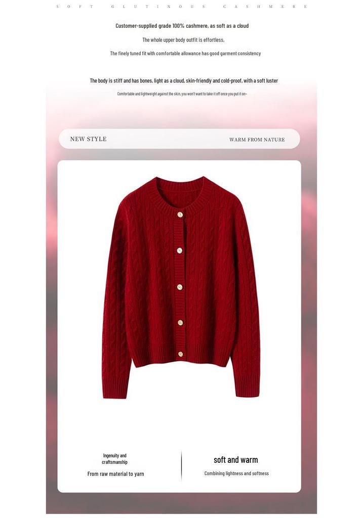 Women's 100% Pure Cashmere Cable Knit Rabbit Button Cardigan, Autumn/Winter 2025 Collection, Round Neck, Loose Fit Sweater Coat.