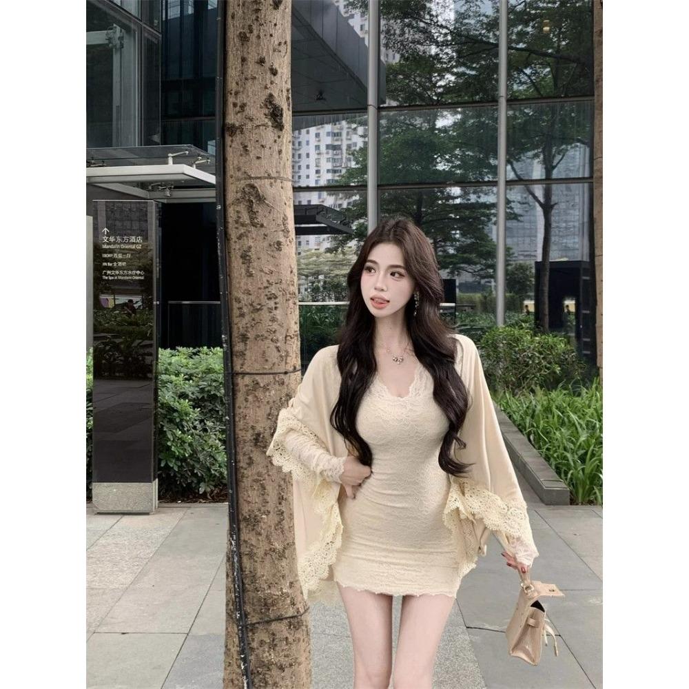 Temperament V-neck Lace Dress Women Autumn and Winter New Hip-hugging Short Skirt Showing Figure with Inner Versatile Skirt