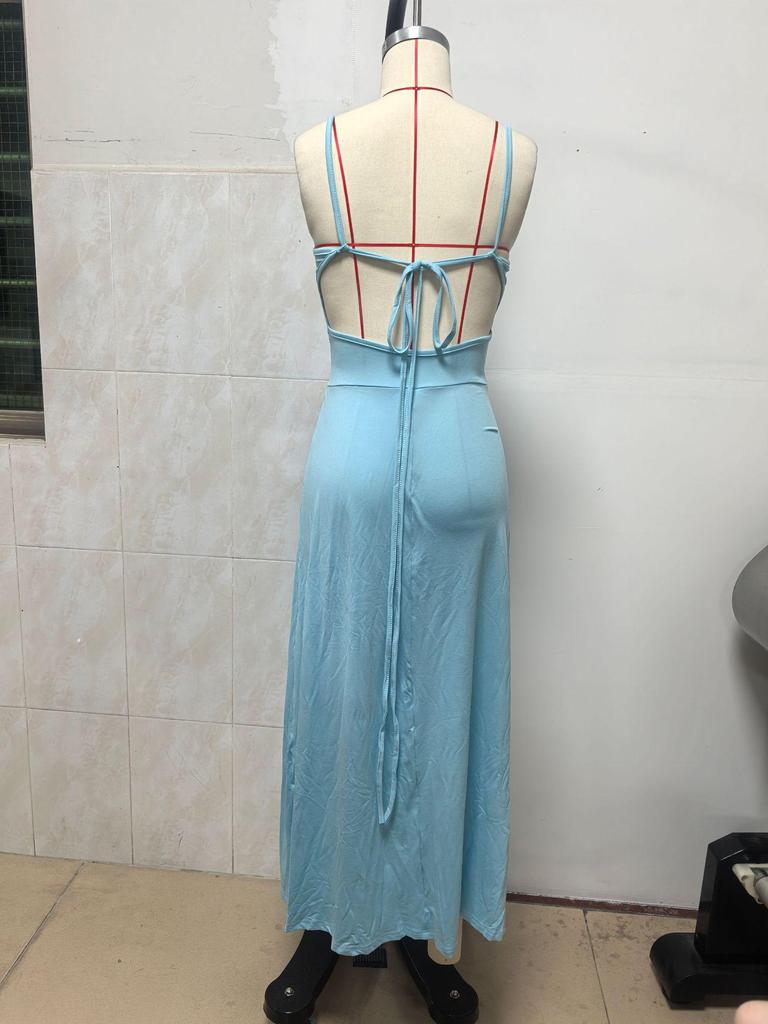 Dames Zomer Spaghetti Bandjes V-Hals Backless Maxi Jurk, Mouwloos