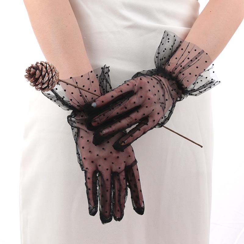 Damen Sexy Spitze Handschuhe Transparentes Punkt Netz Kurze Tüll Fäustlinge Club Abschlussball Party Tanzen Fischernetz Weißes Kleid Atmungsaktiver Handschuh