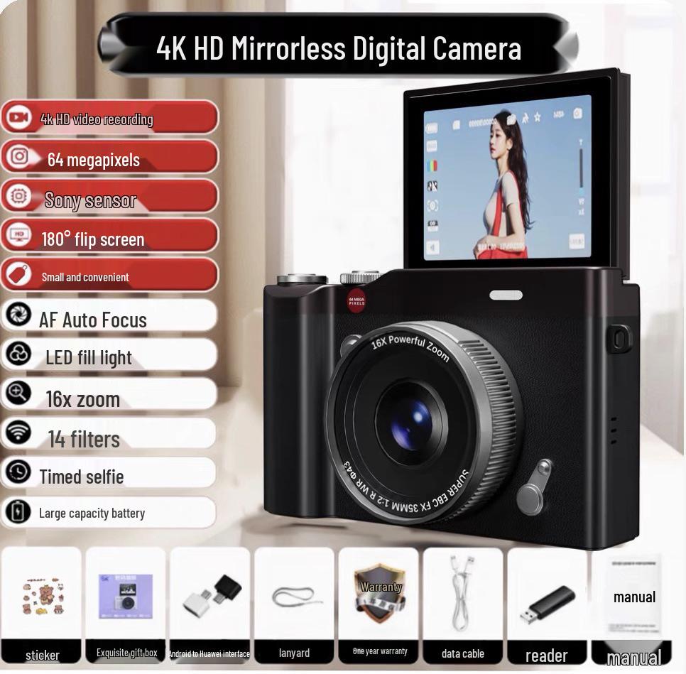 Retro CCD HD Flip Screen 4K DSLR with Dual Camera & Fill Light