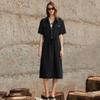 Midi Office Navy [ELLE] Women's Short-Sleeved Dress, Summer, Stylish, Casual, Commuting, Waist-Defining, Elegant,