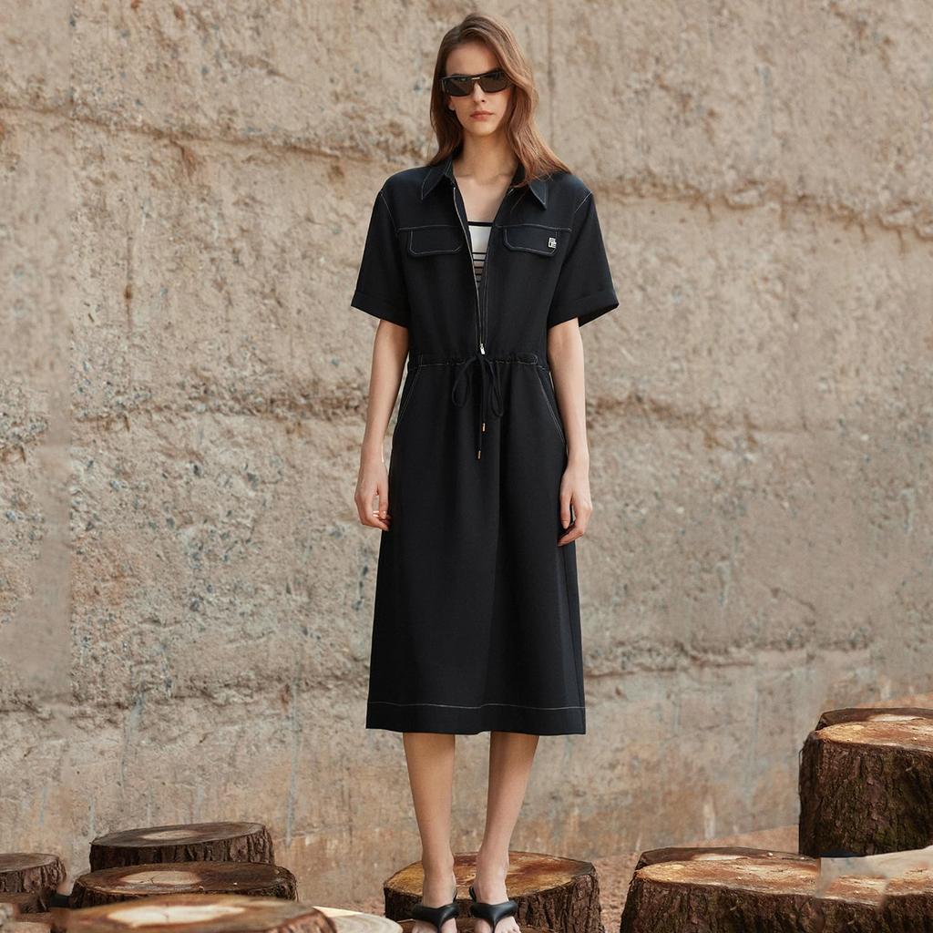 Midi Office Navy [ELLE] Women's Short-Sleeved Dress, Summer, Stylish, Casual, Commuting, Waist-Defining, Elegant,