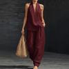 Completi due pezzi in cotone e lino da donna Top senza maniche con scollo a V e incrocio Pantaloni a gamba larga coordinati Outfit estivi per vacanze e relax
