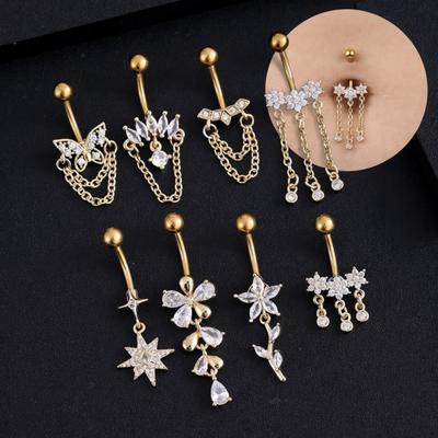 Trendy Elegant Butterfly Chain Navel Ring Stainless Steel Zircon Belly Navel Stud Five-petal Flower Exquisite Navel Button Women