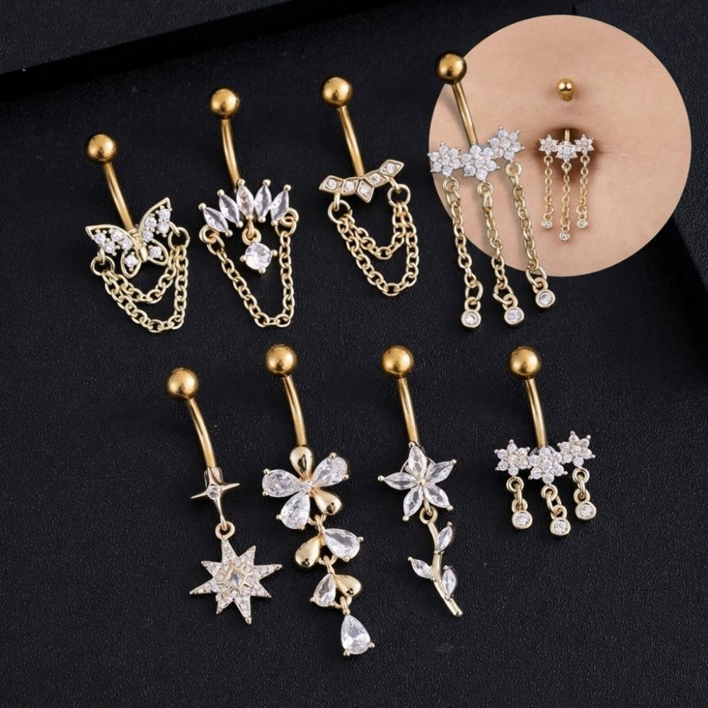 Stainless Steel Belly Navel Stud Elegant Navel Button Trendy Butterfly Chain Navel Ring  Beach