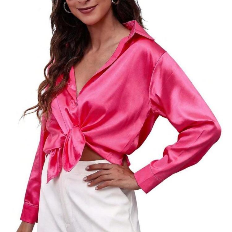 Langarm-Satinbluse für Damen Büro Elegantes Hemd
