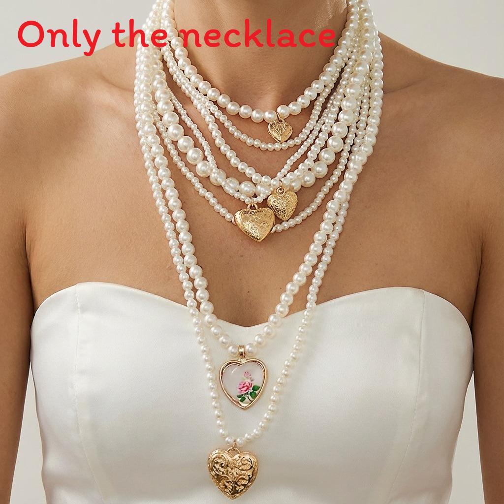 Love Heart Pendant Necklace With Baroque Style Multilayer Chain For Women Fashion Jewelry