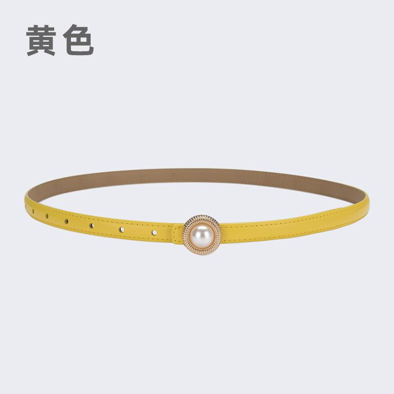 Cowhide Leather Pearl Thin Belt Women'S Summer Style Suit Belt Black Jeans Belt