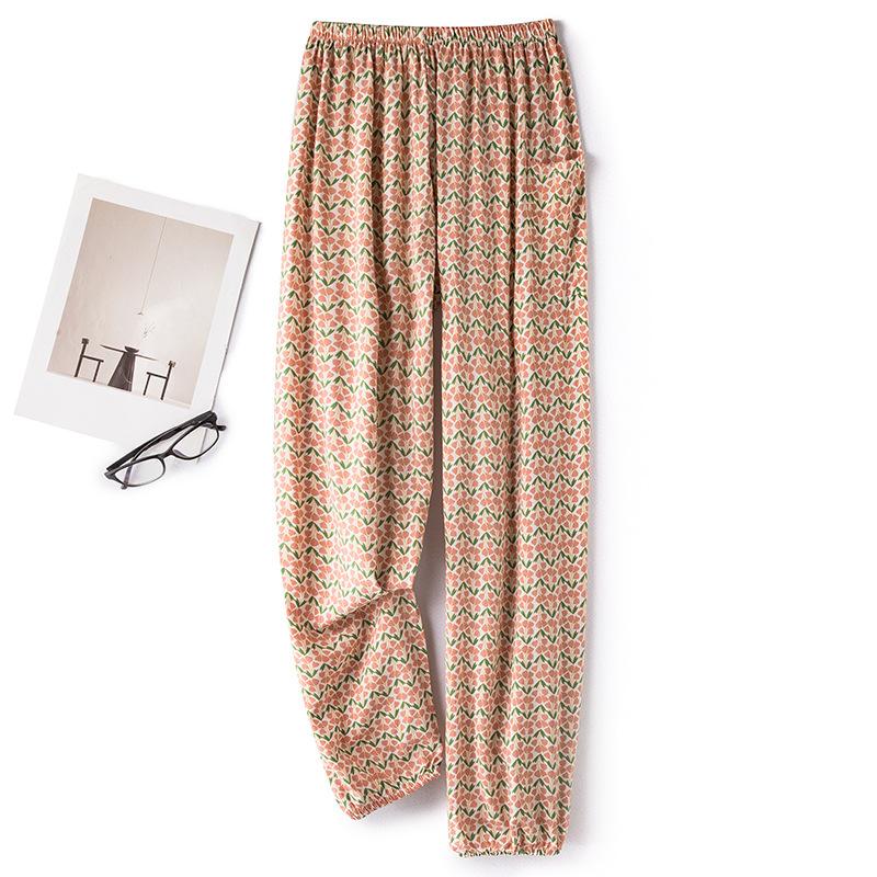 Pantaloni de pijama din bumbac mătase pentru femei, secțiune subțire de vară, anti-țânțari, pantaloni cu picior lat, culoare uni, pentru exterior, casă, petrecere a timpului liber, imprimeu, pantaloni de plajă până la genunchi