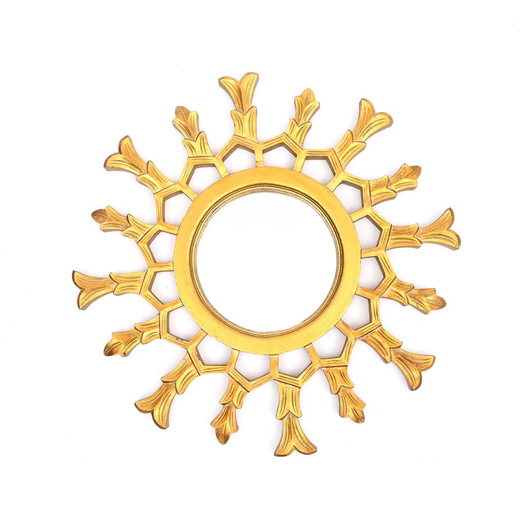 Hand-Carved Metallic Wooden Sunburst Wall Mirror - Decorative Statement Mirror for Living Room - Golden