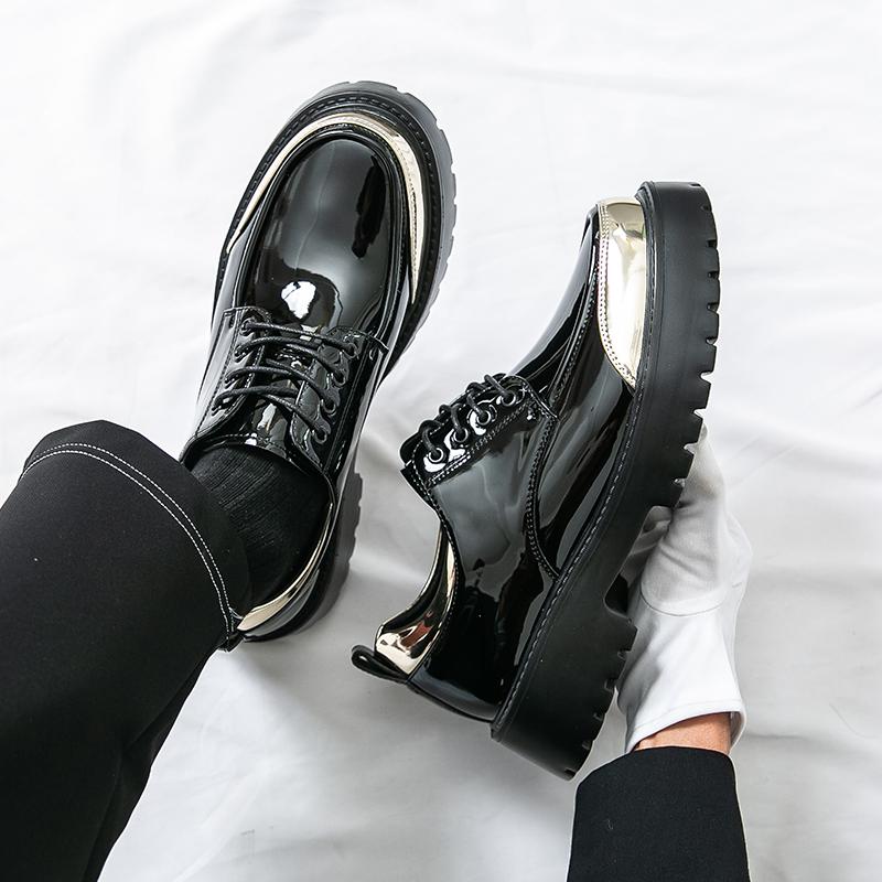 Fashion Thick Sole Shoes Men Business Casual Glossy Leather Dress Shoes Increase Height 4.5cm Casual Shoes Black White Gold Silver
