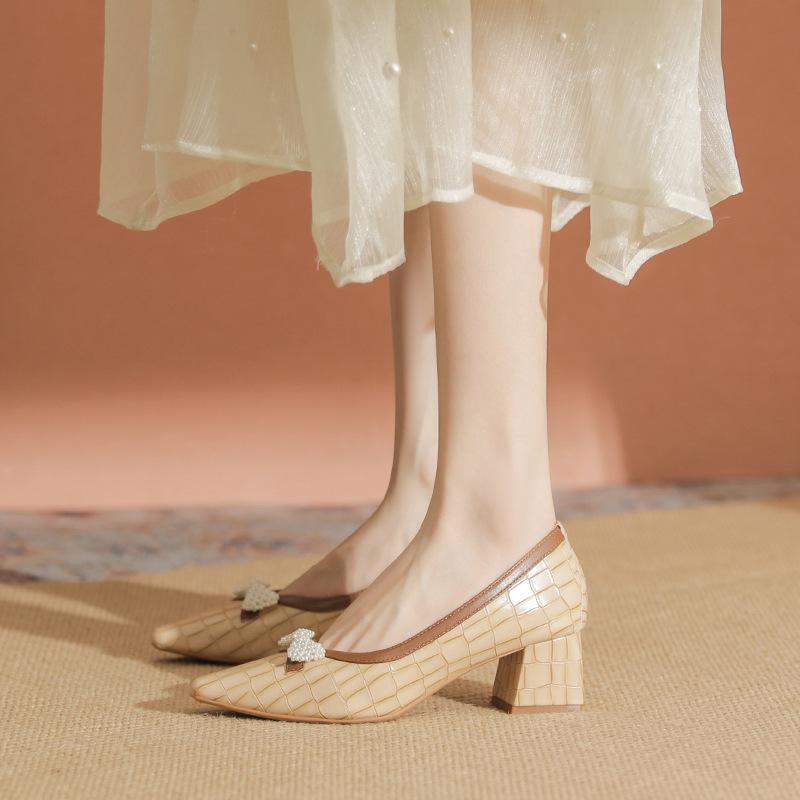 Stone pattern thick heel light mouth single shoes bow versatile women's shoes summer small square head not tired feet high heels