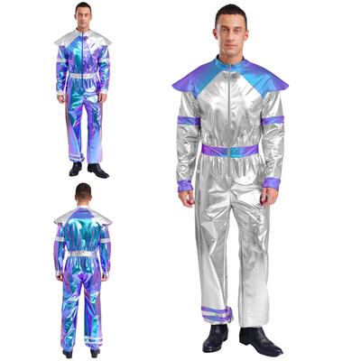 Męski metaliczny kostium robota na Halloween M-3XL: Retro kombinezon obcy na całe ciało z długimi rękawami, Błyszczący strój science-fiction