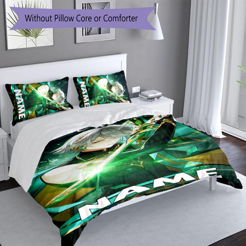 3pcs Custom Name Genshin Impact Characters Set,Includes 1 Duvet Cover and 2 Pillowcases,All-season Bedroom Decor