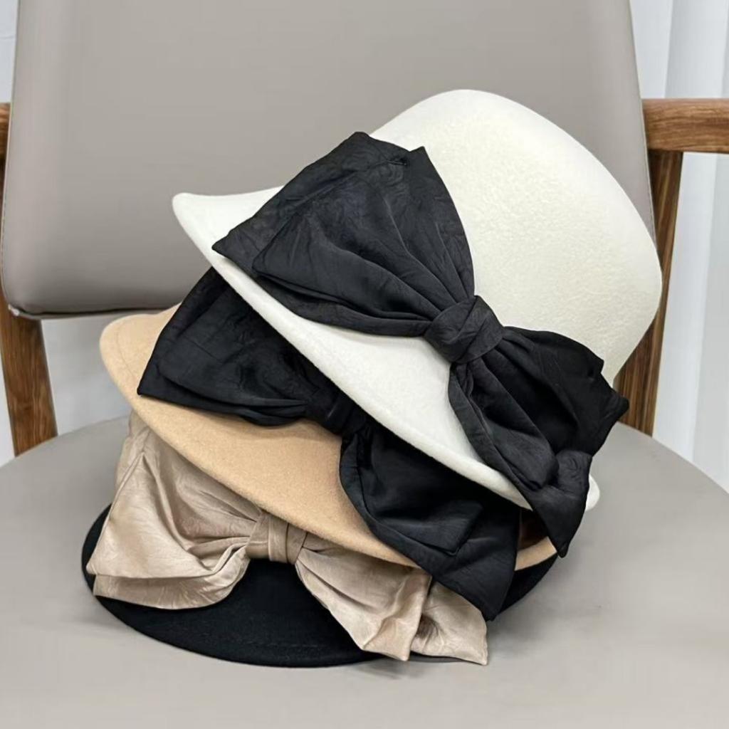 Light Luxury French Fashion Curling Top Hat Women's Elegant Bow Wool Bucket Hat Women's Autumn and Winter Temperament Foreign Gas Basin Hat