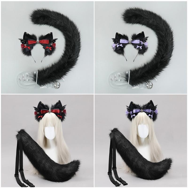 Cats Tail Lovely Cats Ears Hairband Plush Wolf Tail Halloween Party Costume Accessories for Adult Woman Man