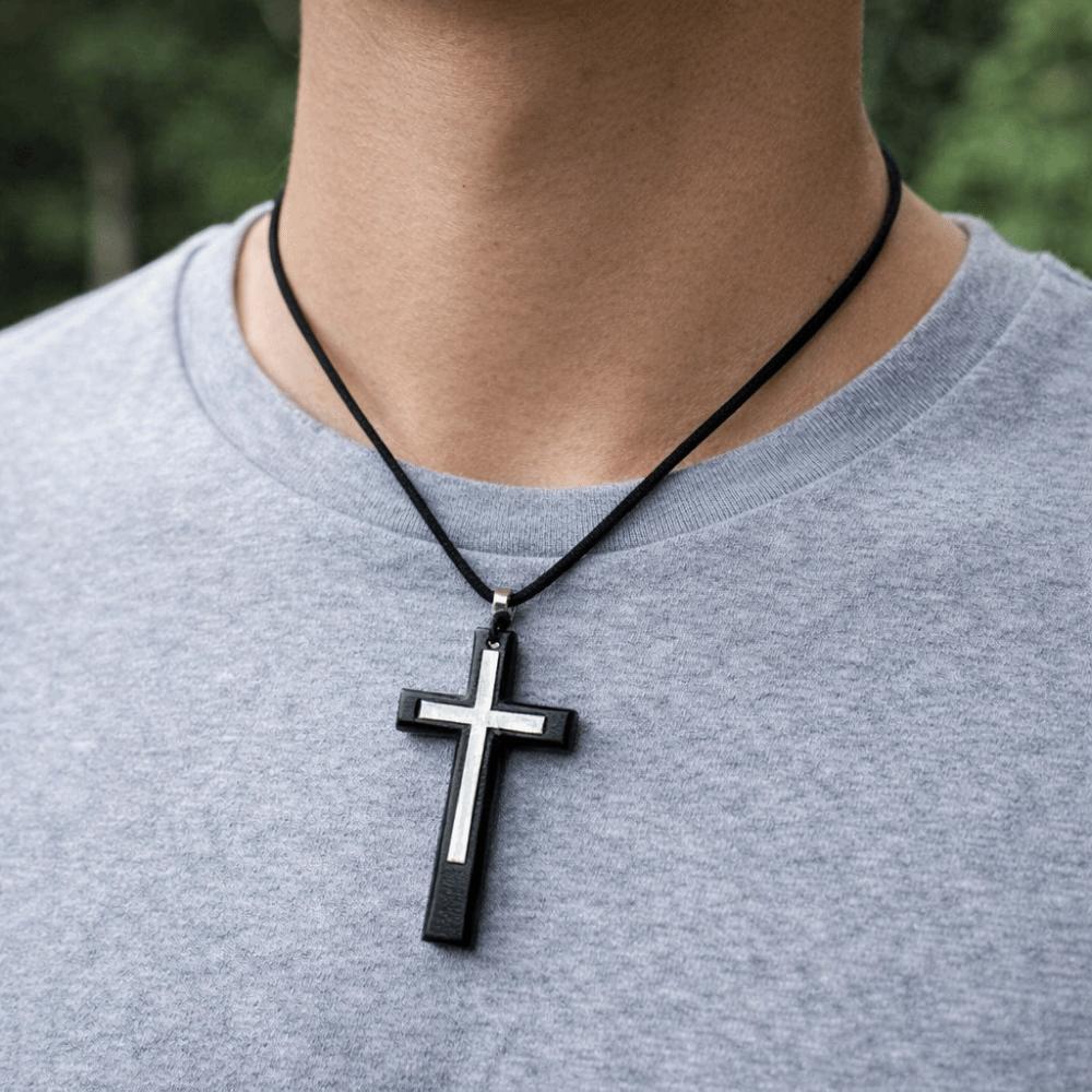 Unisex Design Wooden Cross Pendant Handmade Rear View Mirror Charm Sweater Chain Gift