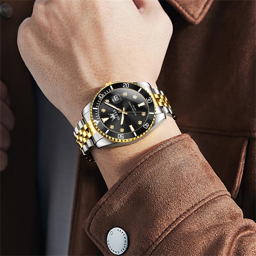 OLEVS Unidirectional Rotating Bezel Gold and Popular Waterproof Analog Quartz Black Stylish Stainless Steel Watch with Date Simple Large Perfect for
