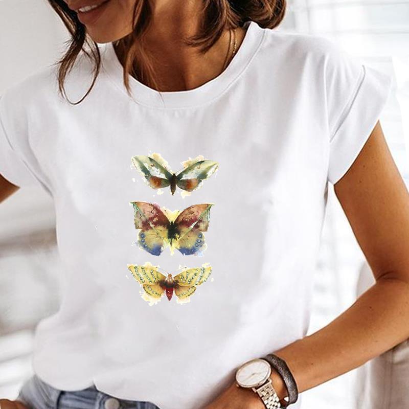 (European Size) Women Tee Top Cute Butterfly Clothing Fashion T-shirt Casual Short Sleeve Print Lady Female Graphic T-shirt