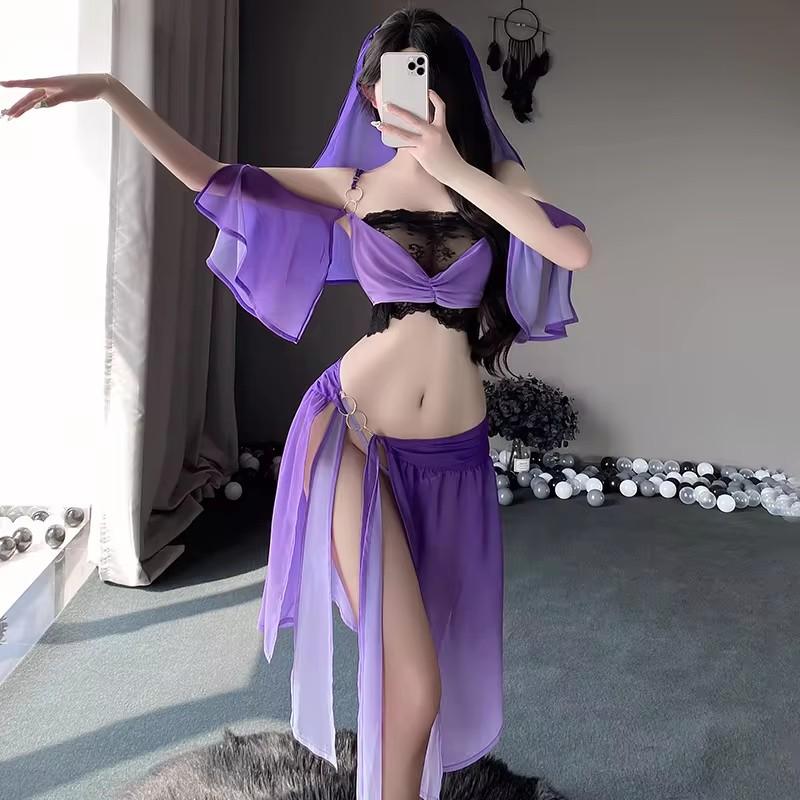 Sexy Hanfu Top Skirt Set Lady Chinese Ancient Traditional Costume Fairy Cosplay Purple Dance See-through Lace Lingerie Dress New