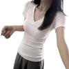 American retro V-neck short-sleeved T-shirt women's summer basic solid color inner slim-fitting top bottoming shirt