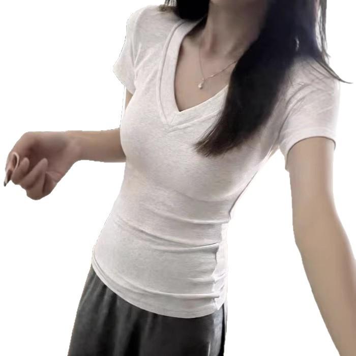American retro V-neck short-sleeved T-shirt women's summer basic solid color inner slim-fitting top bottoming shirt