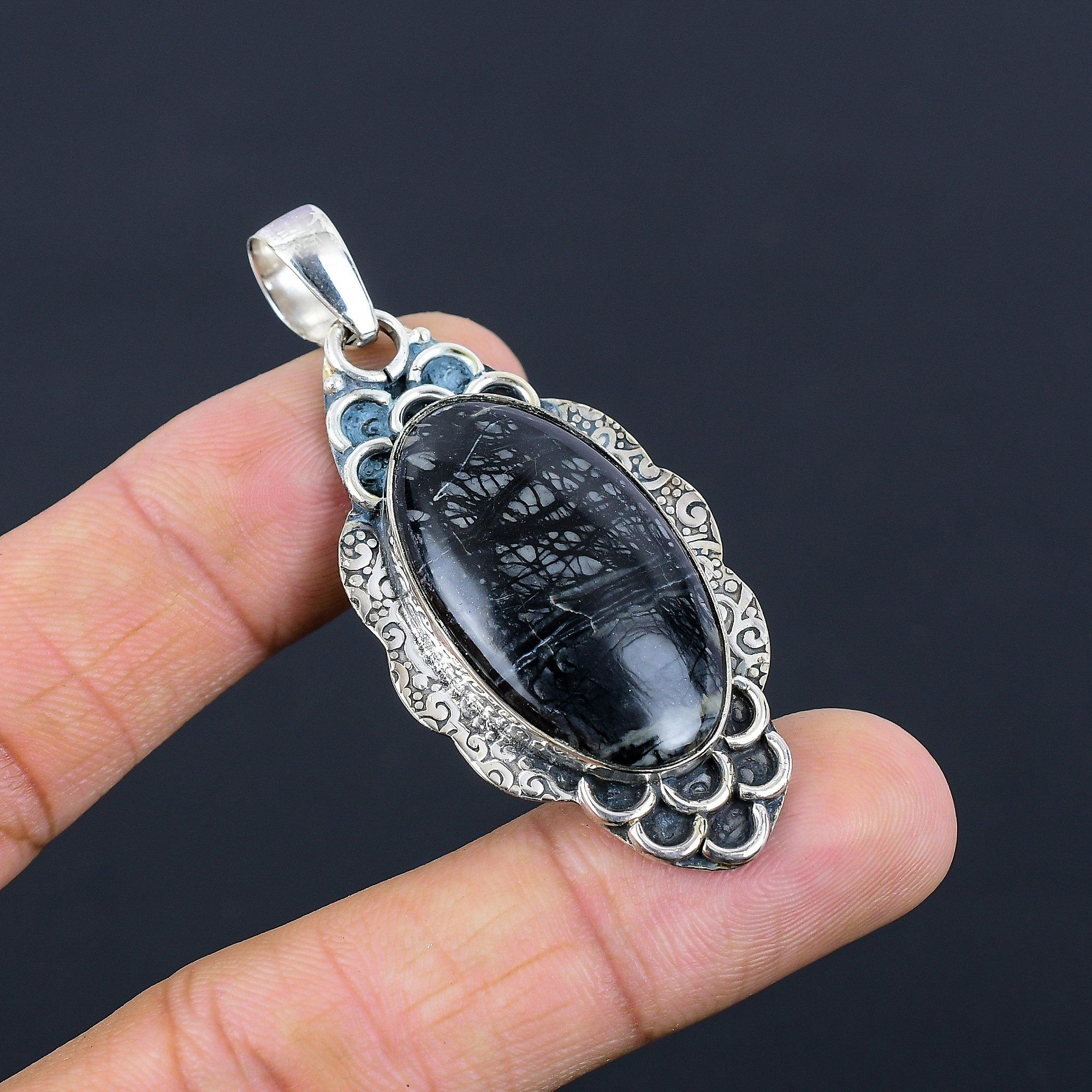 

Natural Picasso Jasper Gemstone Pendant Black 925 Sterling Silver Indian Jewelry