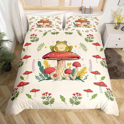 Kawaii Grodtryck Påslakan Groda Svampar Täckeöverdrag Botanisk Svamp Tvilling Queen Sängkläder Set För Flickas Tonårsrum Dekor