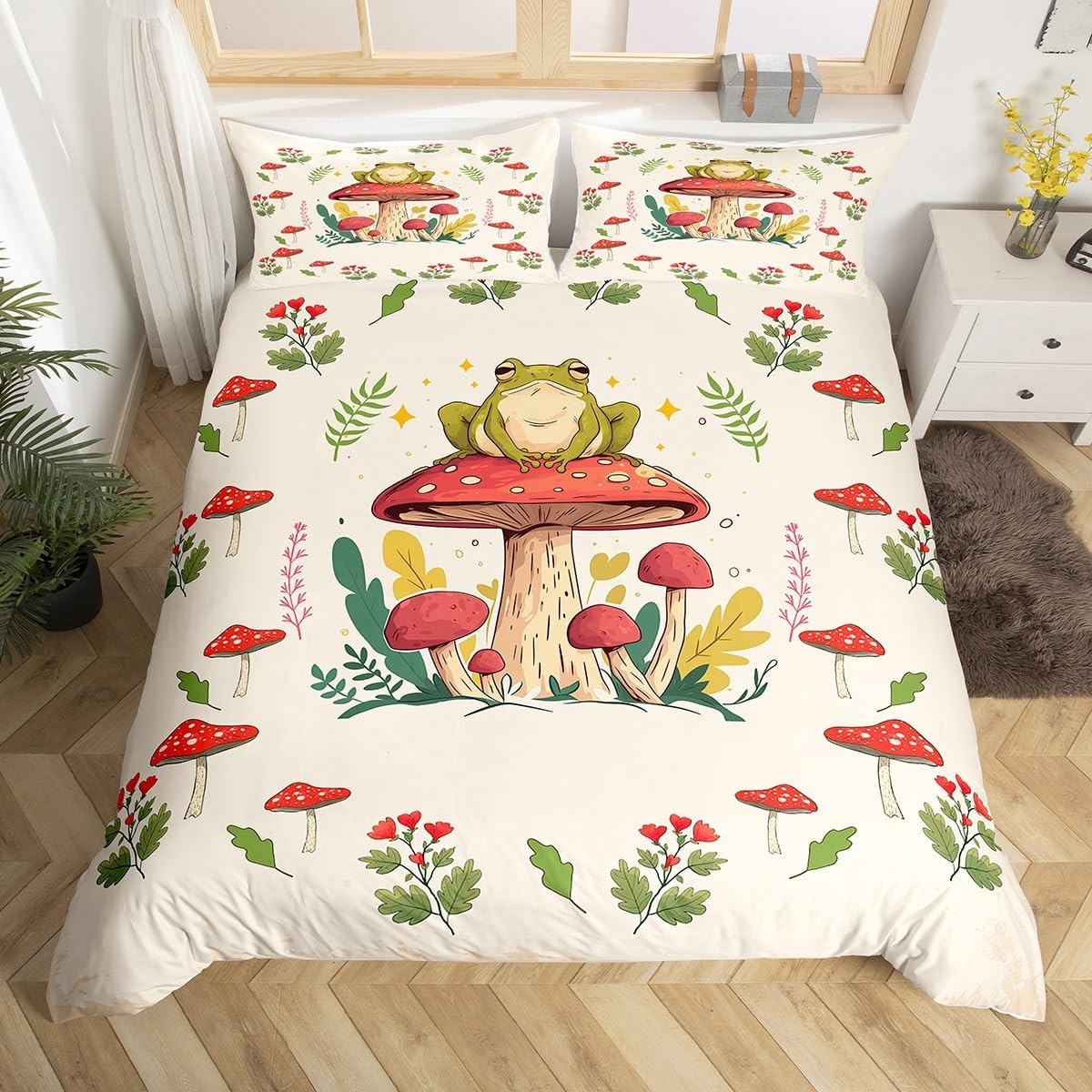 

Comforter Kawaii Frog Print Frog Mushrooms Comforter Botanical Mushroom Twin Queen Bedding Set For Girl Teen Room Decor Comforter (quilt)-EU Single(135*200cm)3pcs