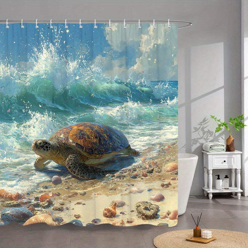1pc Sea Turtle & Turquoise Waves Shower Curtain - Vibrant Coastal Ocean-Themed Polyester Bathroom Decor with Seashells